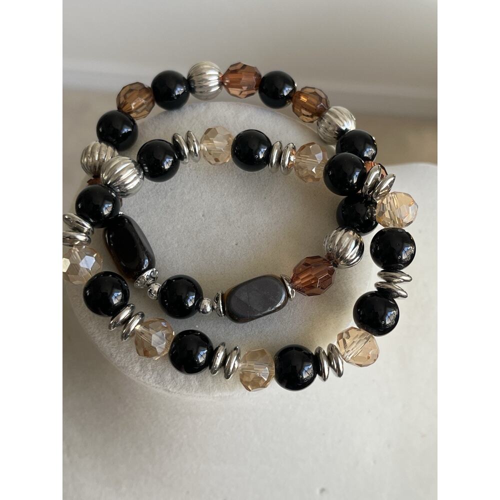Black Champagne Faceted Glass Bead Stretch Bracelet Silver Tone Spacers Set